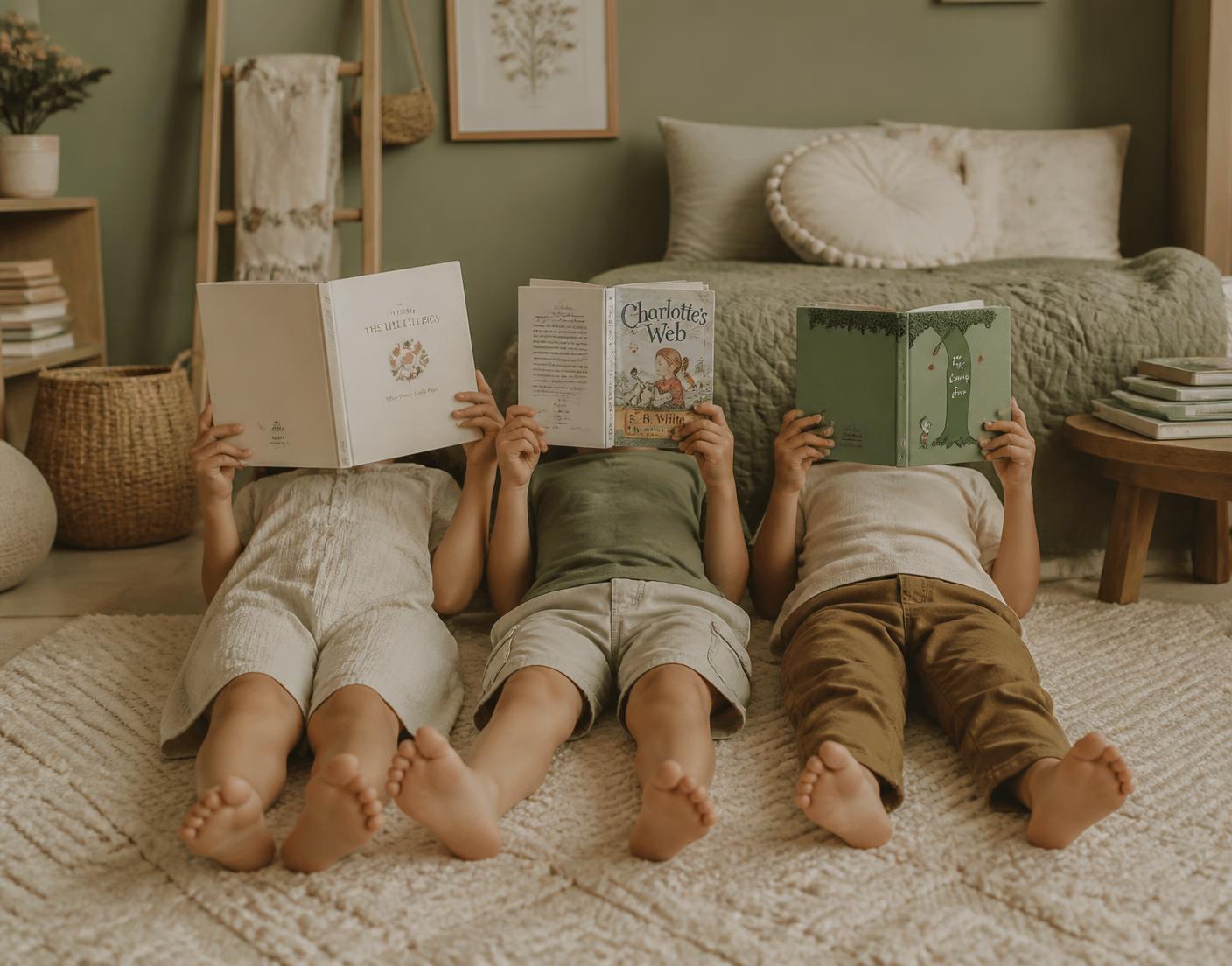 Three children lying down with open books covering their faces